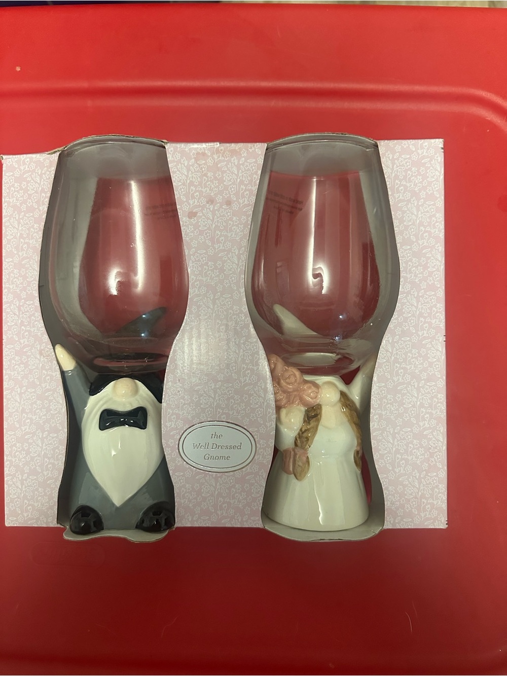 Source Unknown Pink Glass Gnome Bride & Groom Wine Glasses